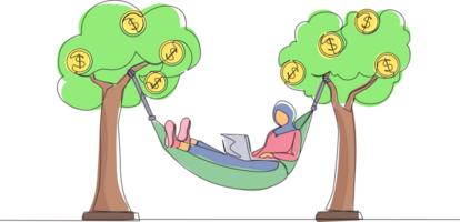 Single one line drawing happy rich Arab businesswoman typing with laptop in hammock tied on money tree with dollar coins. Make profit or dividend from investment. Continuous line design graphic png