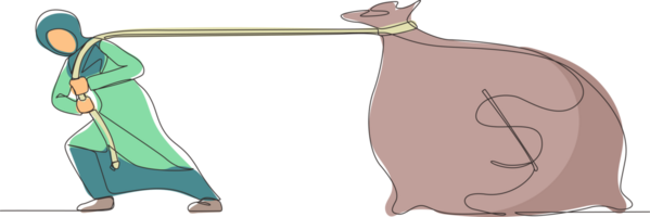 Single kontinuierlich Linie Zeichnung arabisch Geschäftsfrau ziehen groß Tasche von Geld. Geschäft Metapher. korporativ Wettbewerb oder Geschäft Herausforderung Konzept. einer Linie zeichnen Grafik Design Illustration png