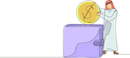 kontinuierlich einer Linie Zeichnung arabisch Geschäftsmann Putten Dollar Münze in groß Geldbörse. Direkte Zahlung, bezahlen durch Kasse, Geld überweisen, persönlich finanziell Transaktion. Single Linie zeichnen Design Grafik png