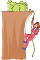 Single continuous line drawing active businesswoman doing rope climbing towards money bag. Climber hanging on rope, pulling himself on top of rocky mountain wall. One line draw graphic design vector png