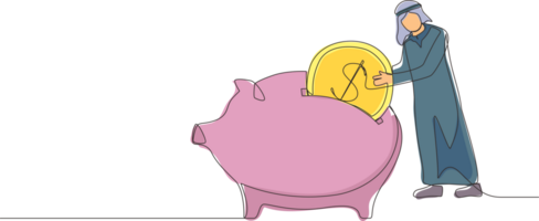 Single one line drawing Arabian businessman putting dollar coin into piggy bank. Money savings, personal investment, finance, funding, bank deposit, capital accumulation. Continuous line design png