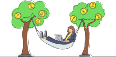 Continuous one line drawing happy rich businesswoman typing with laptop in hammock tied on money tree with dollar coins. Make profit or dividend from investment. Single line draw design graphic png