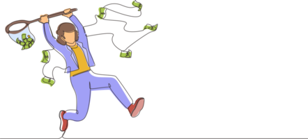 Continuous one line drawing businesswoman trying to catch flying money with butterfly net. Happy running entrepreneur woman using business opportunity to scoop dollar bills. Single line design png