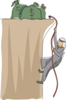 Single continuous line drawing Arabian businessman doing rope climbing towards money bag. Climber hanging on rope and pulling himself on top of rocky mountain wall. One line draw graphic design png