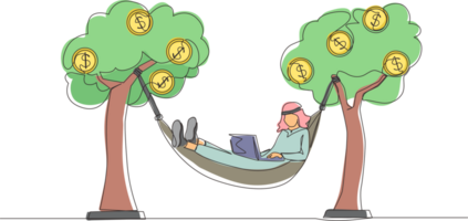 Single one line drawing rich Arabian businessman typing with laptop in hammock tied on money tree with dollar coins. Make profit or dividend from investment. Continuous line draw design graphic png