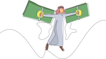 Single one line drawing Arab businessman flying on money wings. Financial freedom concept, depicting man flying on wings made of currency bills. Continuous line draw design graphic illustration png