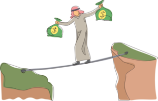 Continuous one line drawing Arabian businessman walk over cliff gap mountain carry two money bag risking dangerous. Male walking balance on rope bridge. Single line design graphic illustration png