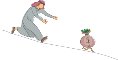 Single continuous line drawing Arab businessman chasing money bag dollar run away. Concept of achieving goals and profits, striving for success, running for money. One line draw graphic design png