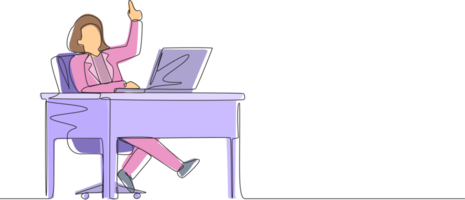 Continuous one line drawing businesswoman getting bright new idea while working with laptop on desk. Female manager working with computer at desk. People get idea. Single line design graphic png