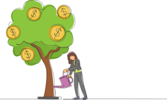 Single one line drawing business investment with money tree illustration. Woman watering tree with coins dollar symbols. Business development, profit growth. Continuous line draw design graphic png