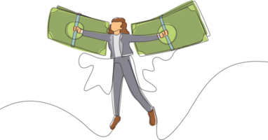 Continuous one line drawing businesswoman flying on money wings. Financial freedom concept, depicting woman flying on wings made of currency bills. Single line draw design graphic illustration png