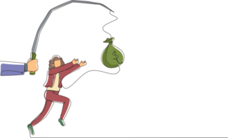 Single continuous line drawing hand with fishing pole and money bag control greedy businesswoman under hypnosis. Woman running after dangling money bag, trying to catch it. One line draw design png