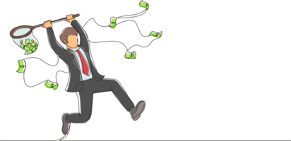 Single continuous line drawing businessman trying to catch flying money with butterfly net. Happy running entrepreneur man using business opportunity to scoop dollar bills. One line draw design png