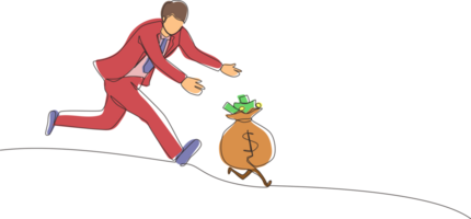 Single continuous line drawing businessman chasing money bag dollar run away. Concept of achieving goals and profits, striving for success, running for money. One line draw design illustration png