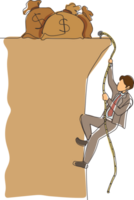 Continuous one line drawing businessman doing rope climbing towards money bag. Climber hanging on rope and pulling himself on top of rocky mountain wall. Single line design graphic illustration png