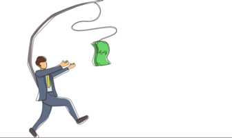 Single one line drawing greedy businessman or manager is running after money. Greedy man in business suit with attached rod and dollar. Modern continuous line draw design graphic illustration png