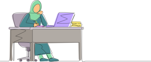 Continuous one line drawing Arabian businesswoman writing sitting in front of laptop at table. Female studying and writing in notebook, at desk in front of computer. Single line design graphic png