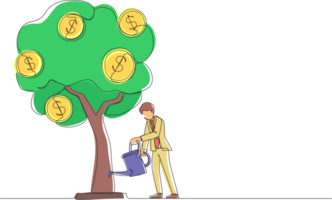enda ett linje teckning företag investering med pengar träd illustration. man vattning träd med mynt dollar symboler. företag utveckling, vinst tillväxt. kontinuerlig linje dra design grafisk png