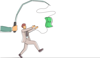 Single continuous line drawing hand with fishing pole and dollar cash control greedy businessman under hypnosis. Man running after dangling dollar and trying to catch it. One line draw design png