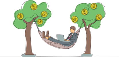 Single one line drawing happy rich businessman typing with laptop in hammock tied on money tree with dollar coins. Make profit or dividend from investment. Continuous line draw design graphic png