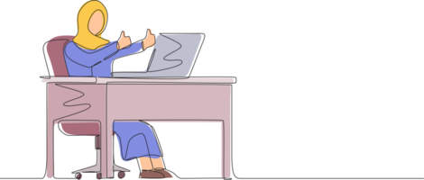 Single continuous line drawing Arabic businesswoman giving good sign in front of computer. Female in blazer operating PC while doing thumbs-up sign. Happy employee concept. One line draw design png