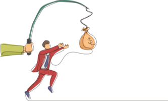 Single one line drawing hand with fishing pole and money bag control greedy businessman under hypnosis. Man running after dangling money bag and trying to catch it. Continuous line draw design png