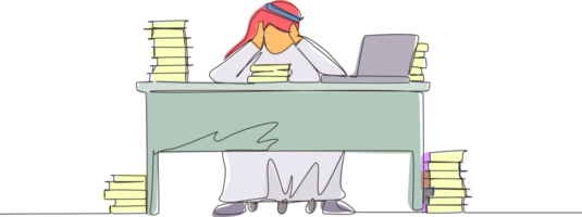 Single continuous line drawing stressed Arab businessman throwing tantrum in office holding his hands to his head shouting while seated at desk surrounded by files. One line draw graphic design png