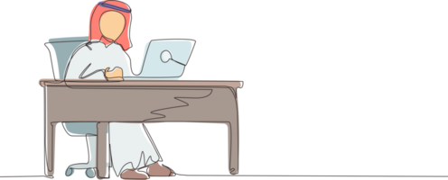 Single one line drawing male works in office. Arabic businessman working, typing and sending messages. Work, table, computer. Workplace and communication concept. Continuous line design graphic png