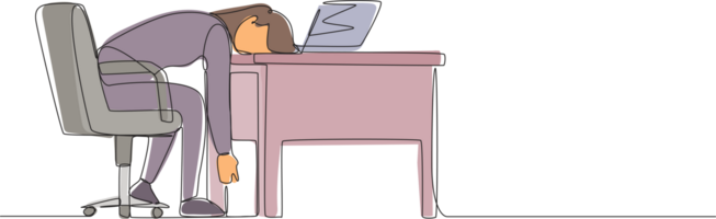 Continuous one line drawing professional burnout syndrome. Exhausted sick tired female manager in office sad boring sitting with head down on laptop. Single line design graphic illustration png