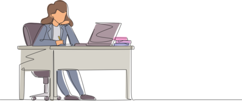 Single continuous line drawing businesswoman writing sitting in front of laptop at table. Female studying and writing in notebook, at desk in front of computer. One line draw graphic design png