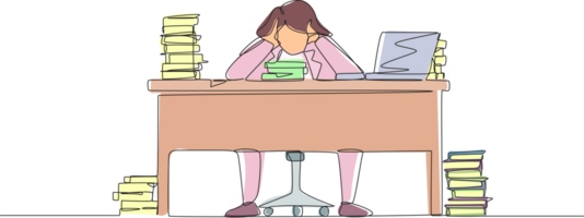 Single continuous line drawing stressed businesswoman throwing tantrum in office holding her hands to his head shouting while seated at a desk surrounded by files. One line draw graphic design png