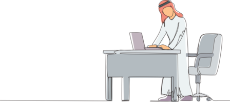 Continuous one line drawing Arabic man employee working at ergonomic workstation. Office furniture with computer, laptop. Male standing on foot rest behind desk. Single line draw design graphic png