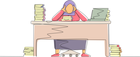 Single continuous line drawing stressed Arabian businesswoman throwing tantrum in office holding her hands to her head shouting while seated at desk surrounded by files. One line graphic design png