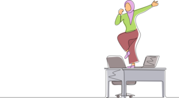 Single continuous line drawing happy office worker dancing on desk. Arabian businesswoman dancing while sitting at desk. Having fun at work. Work from home concept. One line draw graphic design png