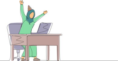 Single one line drawing success in work, winning online, technology concept. Arabic female stands in office with hand raised opposite computer screen celebrating success. Continuous line design png