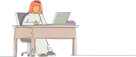 Single continuous line drawing Arabic businessman writing sitting in front of laptop at table. Young male studying and writing in notebook, at desk in front of computer. One line graphic design png