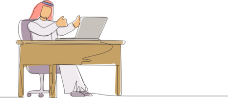 Single one line drawing Arab businessman giving good sign in front of computer. Male manager operating PC while doing thumbs-up sign. Happy employee concept. Continuous line draw design graphic png