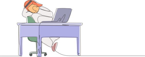 Continuous one line drawing scared Arab man manager looking at laptop computer screen. Shocked male watching video on his notebook computer at home. Single line draw design graphic illustration png