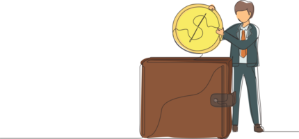 Single one line drawing businessman putting dollar coin into big wallet. Concept of direct payment, paying by cash, money transfer, personal financial transaction. Continuous line draw design png