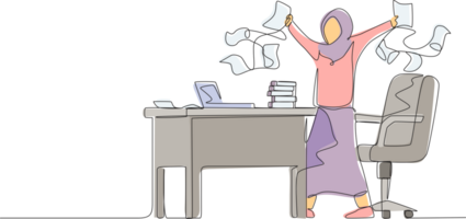 Single continuous line drawing happy Arab businesswoman, company leader or office worker throwing documents in air, enjoying business success while sitting at workplace. One line graphic design png