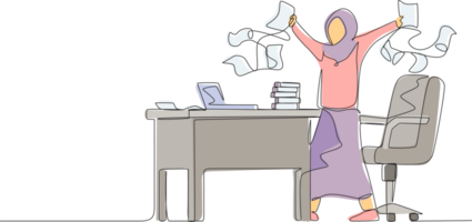 Single continuous line drawing happy Arab businesswoman, company leader or office worker throwing documents in air, enjoying business success while sitting at workplace. One line graphic design png