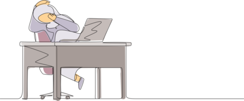 kontinuierlich einer Linie Zeichnung erschrocken arabisch Frau Manager suchen beim Laptop Computer Bildschirm. schockiert Mädchen Aufpassen Video auf ihr Notizbuch Computer beim heim. Single Linie Design Grafik Illustration png
