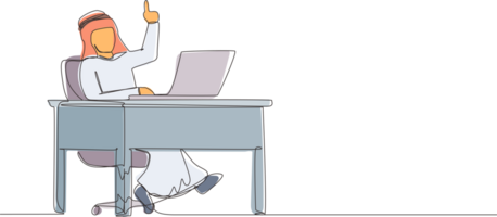 Single one line drawing Arabic businessman getting bright new idea while working with laptop on desk. Male manager working with computer at desk. People get idea. Continuous line design graphic png