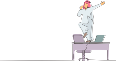 Single continuous line drawing happy office worker dancing on desk. Arabian businessman dancing while sitting at desk. Having fun at work. Work from home concept. One line draw graphic design png