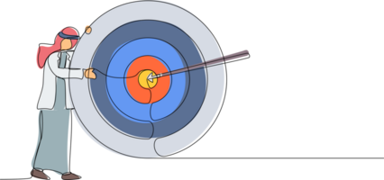 Single continuous line drawing Arab businessman hugs and stands next to circle of red target, arrow that hit target right in middle, analyze result of achievement within company. One line draw design png