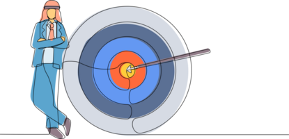 Single einer Linie Zeichnung arabisch Geschäftsmann oder Manager ist Stehen in der Nähe von Ziel. Pfeil schlagen Ziel genau. Herstellung Ziele, erfolgreich Geschäft Strategie. modern kontinuierlich Linie zeichnen Design Grafik png