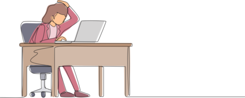 Single continuous line drawing female manager working on computer laptop. Woman with question mark over head scratches back of her head sitting in front of laptop. One line draw graphic design png