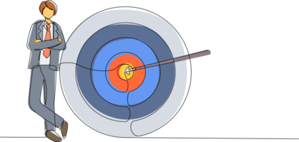 Single kontinuierlich Linie Zeichnung glücklich Geschäftsmann oder Manager ist Stehen in der Nähe von Ziel. Pfeil schlagen Ziel genau. Herstellung Ziele, erfolgreich Geschäft Strategie. dynamisch einer Linie zeichnen Grafik Design png