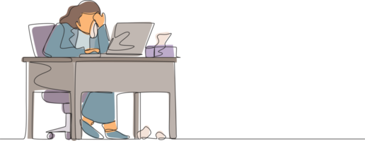 Single continuous line drawing female employee crying while wiping tears using tissue and staring at laptop. Woman working overtime in office. Dynamic one line draw graphic design illustration png