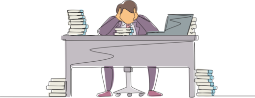 Single one line drawing stressed businessman throwing tantrum in office holding his hands to his head shouting while seated at desk surrounded by files. Continuous line draw design graphic png